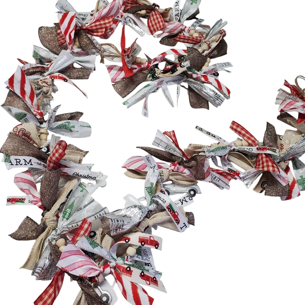 New Festive Ribbon Garland with Farmhouse White Trucks & Trees
